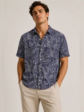 Corridor Contour Short Sleeve Button Up Shirt Small Navy Swirls Vacay Resort